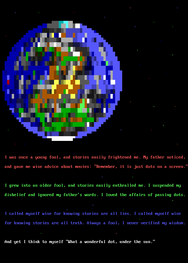 An image in the style of 80 column ansi graphics. The upper portion of the image is of a planet in space. The lower portion of the image is of some doggerel. The doggerel relates to fondness for computer graphics.
